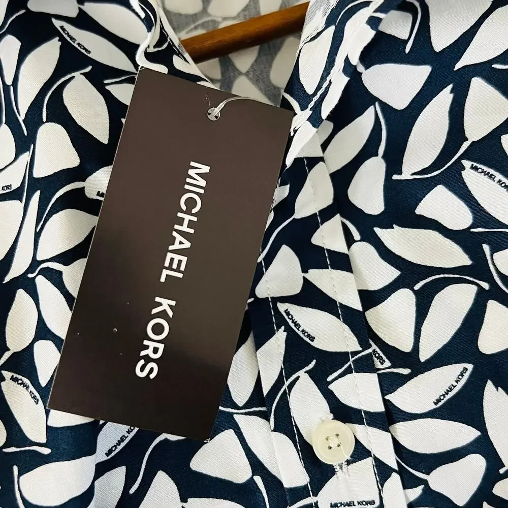 Michael Kors Button Front Blouse Size S Navy White Print Cotton